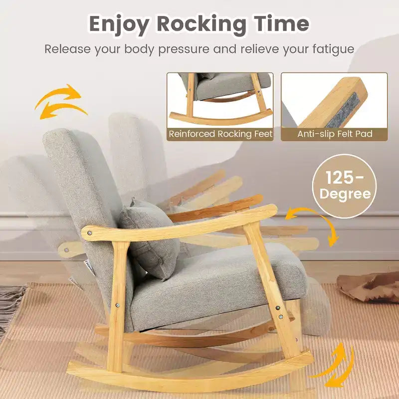 Set of 2 Rocking Chairs with Pillow Rocking Armchairs with Rubber Wood Frame Grey