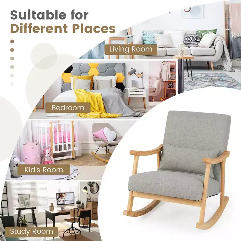 Set of 2 Rocking Chairs with Pillow Rocking Armchairs with Rubber Wood Frame Grey