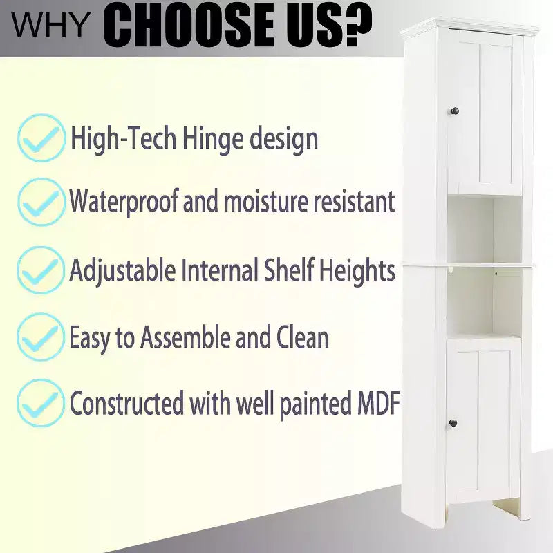 White MDF Wood 67-Inch Tall Tower Bathroom Linen Cabinet