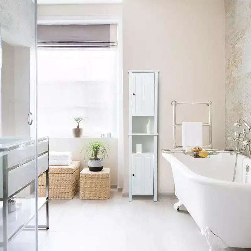 White MDF Wood 67-Inch Tall Tower Bathroom Linen Cabinet