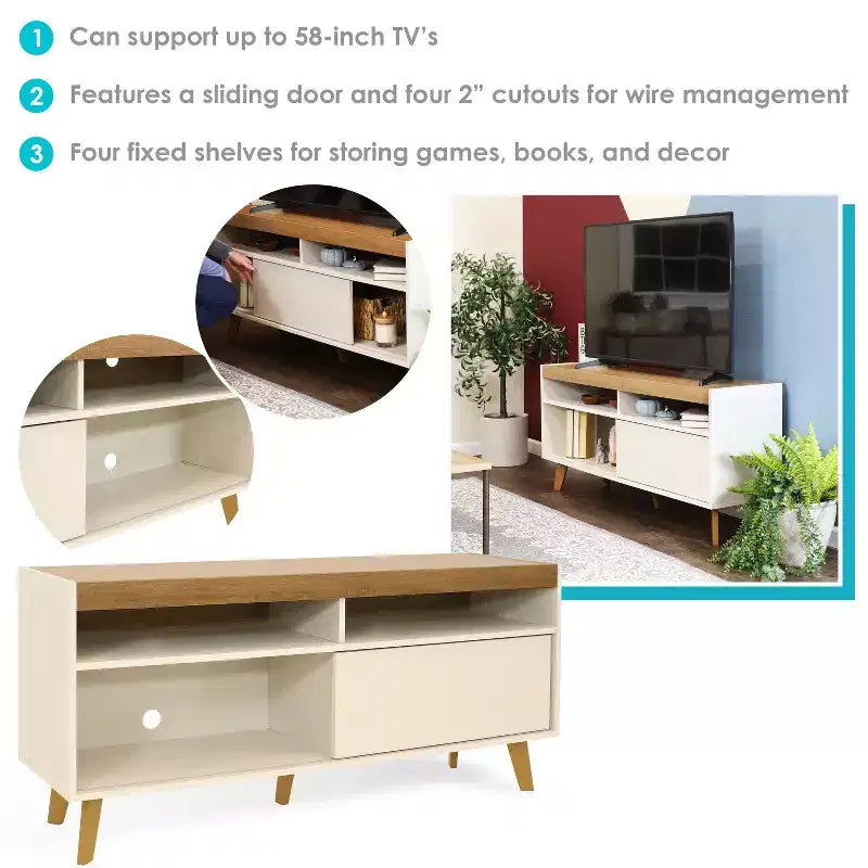 Indoor Mid-Century Modern TV Stand Console with Storage Cabinet and Shelves for 58 TV