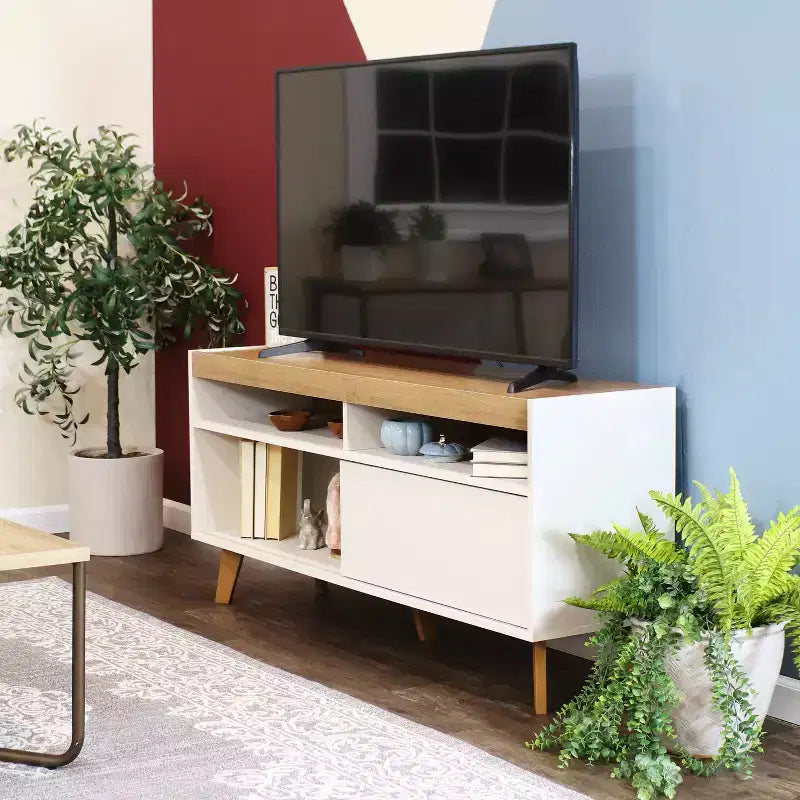 Indoor Mid-Century Modern TV Stand Console with Storage Cabinet and Shelves for 58 TV