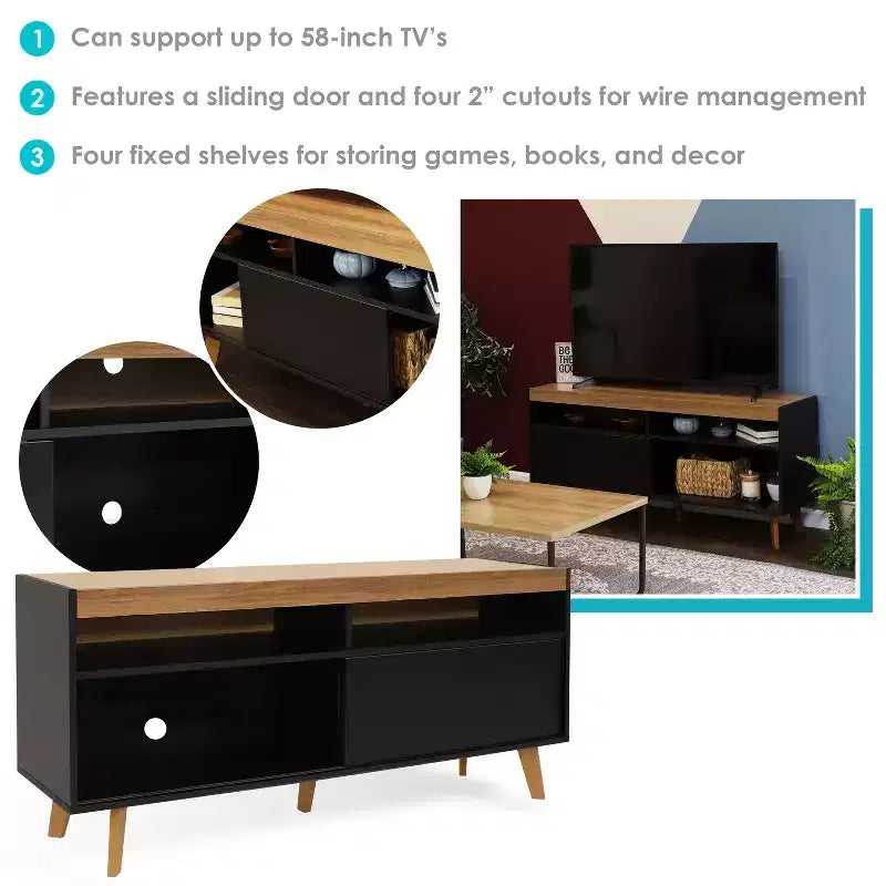 Indoor Mid-Century Modern TV Stand Console with Storage Cabinet and Shelves for 58 TV