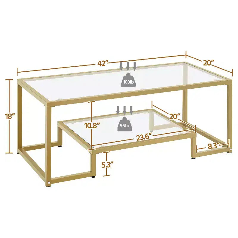 Modern Tempered Glass Coffee Table With Open Shelf for Living Room Gold