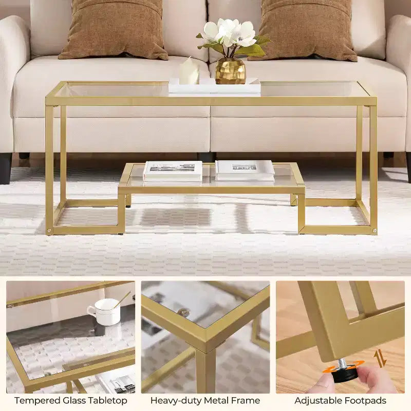 Modern Tempered Glass Coffee Table With Open Shelf for Living Room Gold