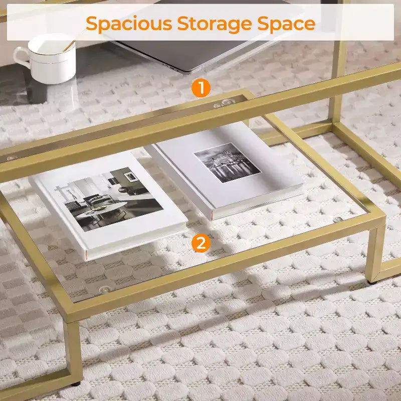 Modern Tempered Glass Coffee Table With Open Shelf for Living Room Gold